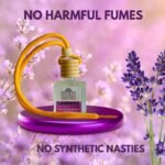 Lavender fragrance pod hanging in a car shows real‑life usage and ease of aromatherapy benefits while driving.