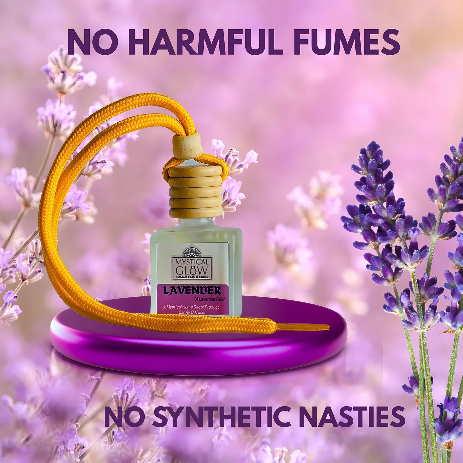 Lavender fragrance pod hanging in a car shows real‑life usage and ease of aromatherapy benefits while driving.