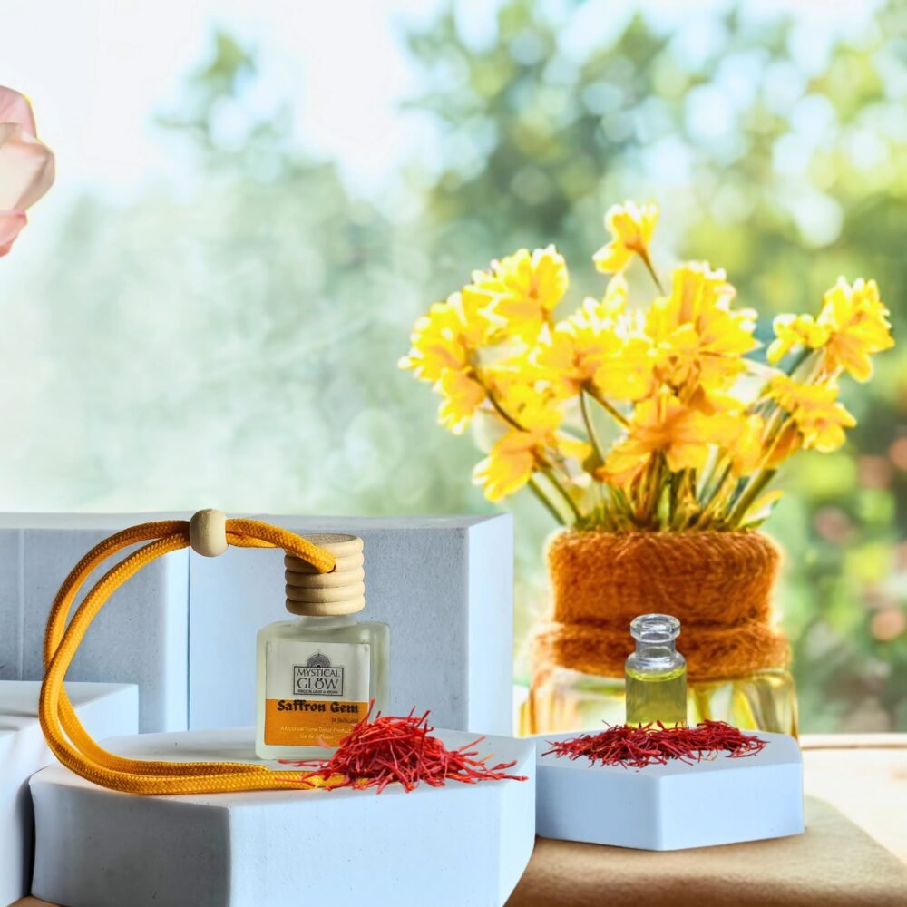 natural saffron car freshener pod, Safety graphic indicating chemical-free, non‑toxic and paraben‑free Saffron Gem fragrance air freshener.