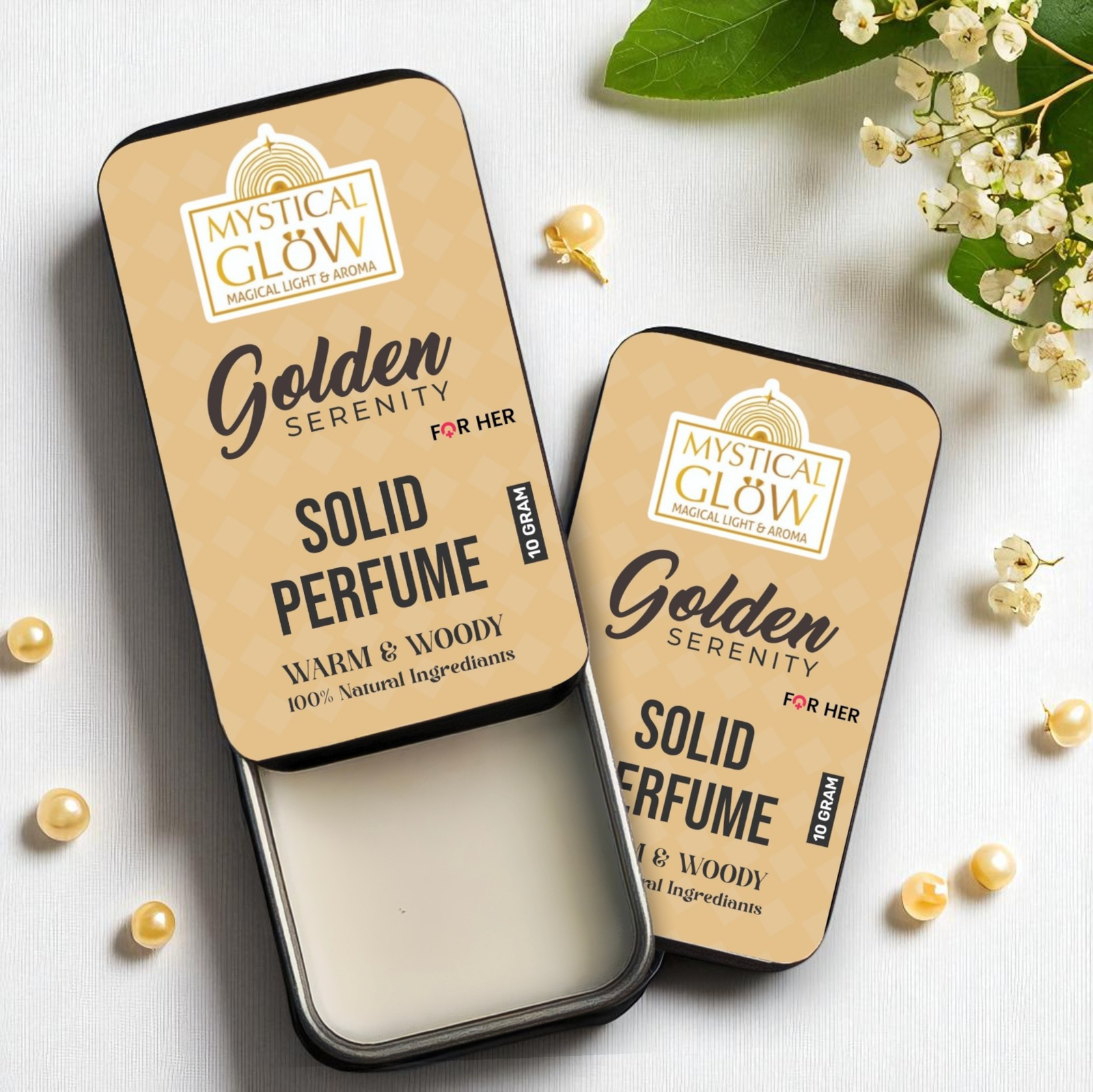 Golden Serenity Solid Perfume for Women – Alcohol-free solid fragrance tin placed on a white background with vanilla pods, amber resin, and sandalwood chips.