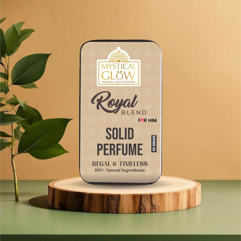Royal Blend solid perfume in premium tin placed on wooden platform – rustic and elegant design.