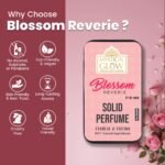 Blossom Reverie infographic showing benefits: alcohol-free, gentle on skin, and long-lasting scent.