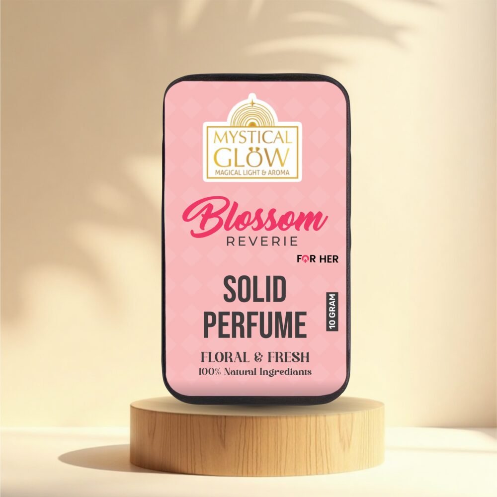 Blossom Reverie tin styled on soft fabric or vintage tray with roses and sunlight. Floral Solid Perfume for Women