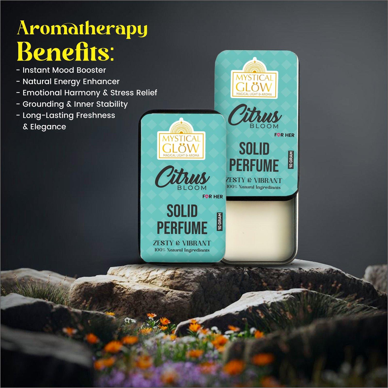 Citrus Bloom aromatherapy benefits – mood boosting, mentally clarifying, energizing solid perfume.
