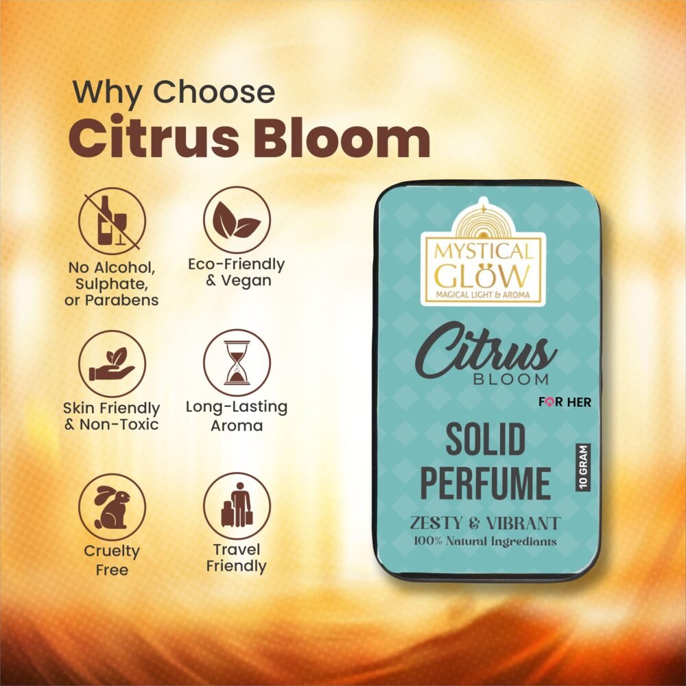 Citrus Bloom perfume highlights alcohol-free, refreshing scent, and safe for all skin types in a modern infographic.