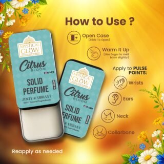 Citrus Bloom – A Scent that Embodies Freshness, Confidence & Upliftment Woman applying Citrus Bloom solid perfume on neck and wrist from compact tin.
