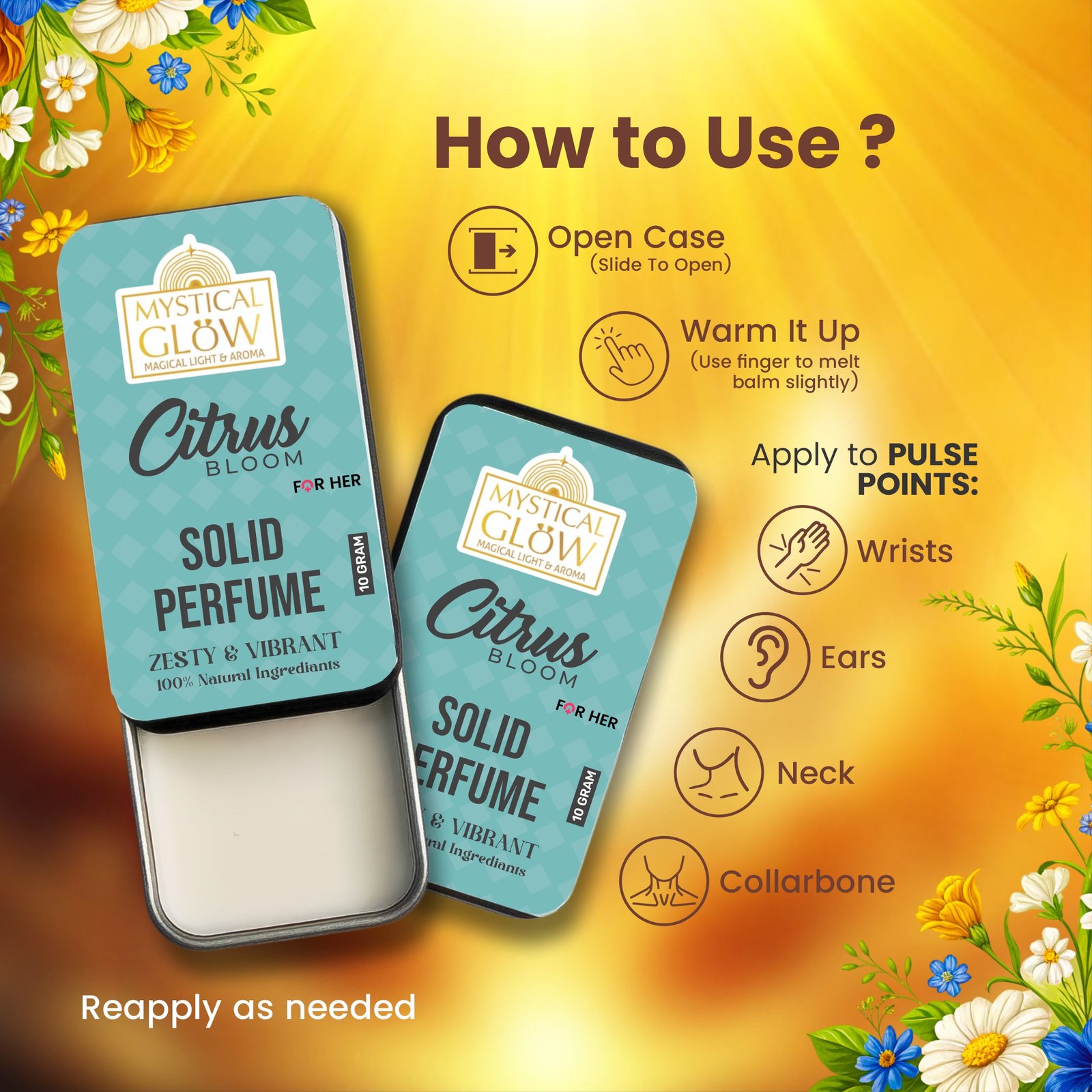 Woman applying Citrus Bloom solid perfume on neck and wrist from compact tin.