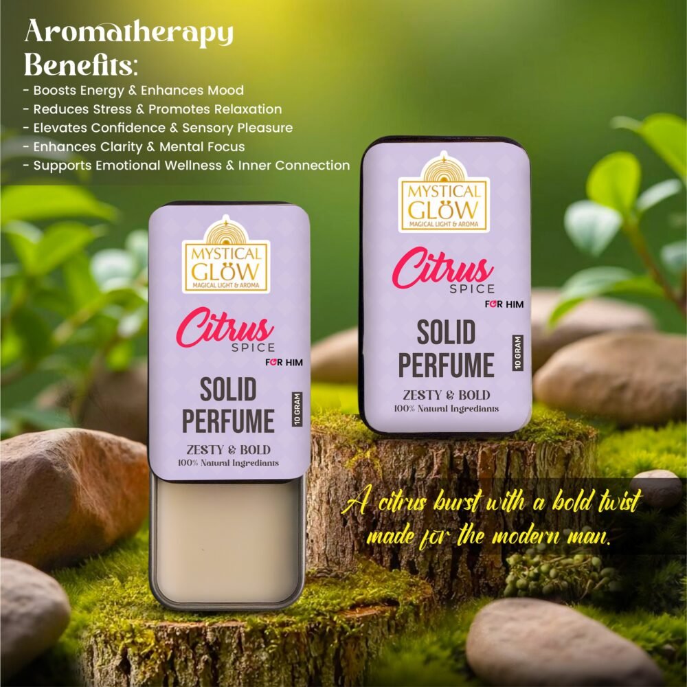 Citrus Spice Aromatherapy Perfume – Energizes, Grounds, Enhances Confidence Aromatherapy benefits of Citrus Spice solid perfume for men shown with icons for energy, clarity, and stress relief.