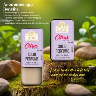 Citrus Spice Aromatherapy Perfume – Energizes, Grounds, Enhances Confidence Aromatherapy benefits of Citrus Spice solid perfume for men shown with icons for energy, clarity, and stress relief.