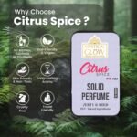 Citrus Spice solid Colonge for men shown with key benefits: alcohol-free, skin-friendly, and long-lasting.