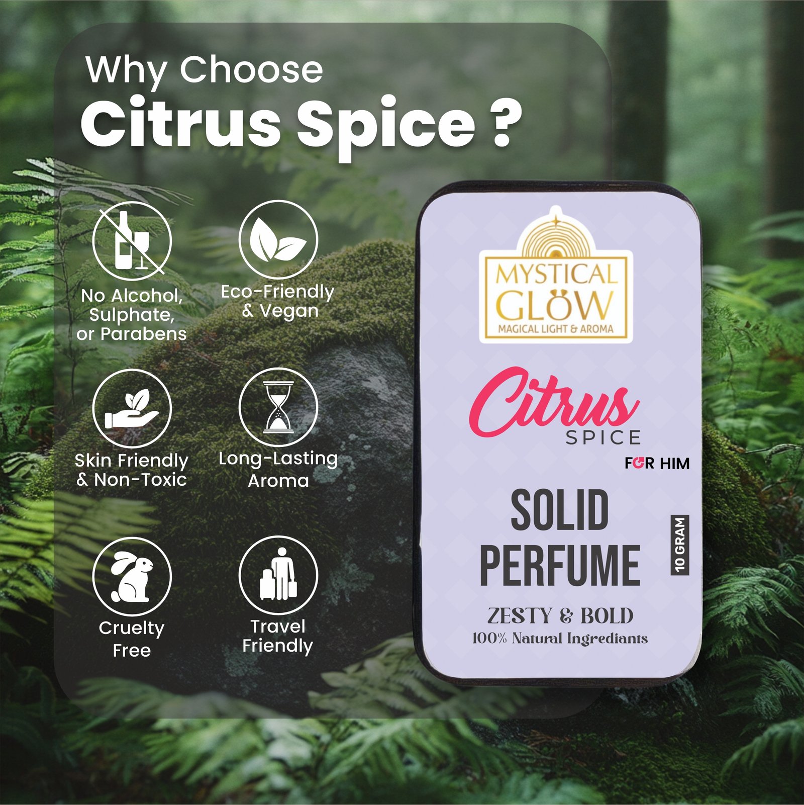 Citrus Spice solid Colonge for men shown with key benefits: alcohol-free, skin-friendly, and long-lasting.