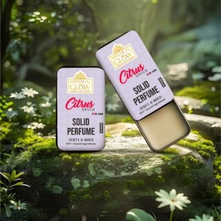 Pocket-Size & Easy to Apply – Solid Perfume for Men on Wrists & Neck Compact Citrus Spice solid perfume tin shown with travel bag and wallet to highlight its portable design.