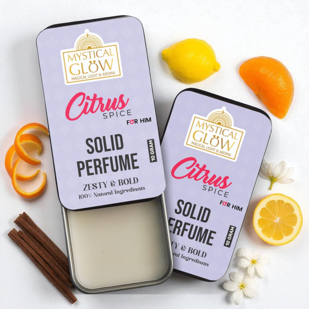 Citrus Spice Solid Perfume. Citrus Spice Solid Perfume for Men in a premium tin, surrounded by fresh lemon slices, peppercorns, cinnamon sticks, and earthy notes, highlighting its natural, alcohol-free, long-lasting fragrance formula.