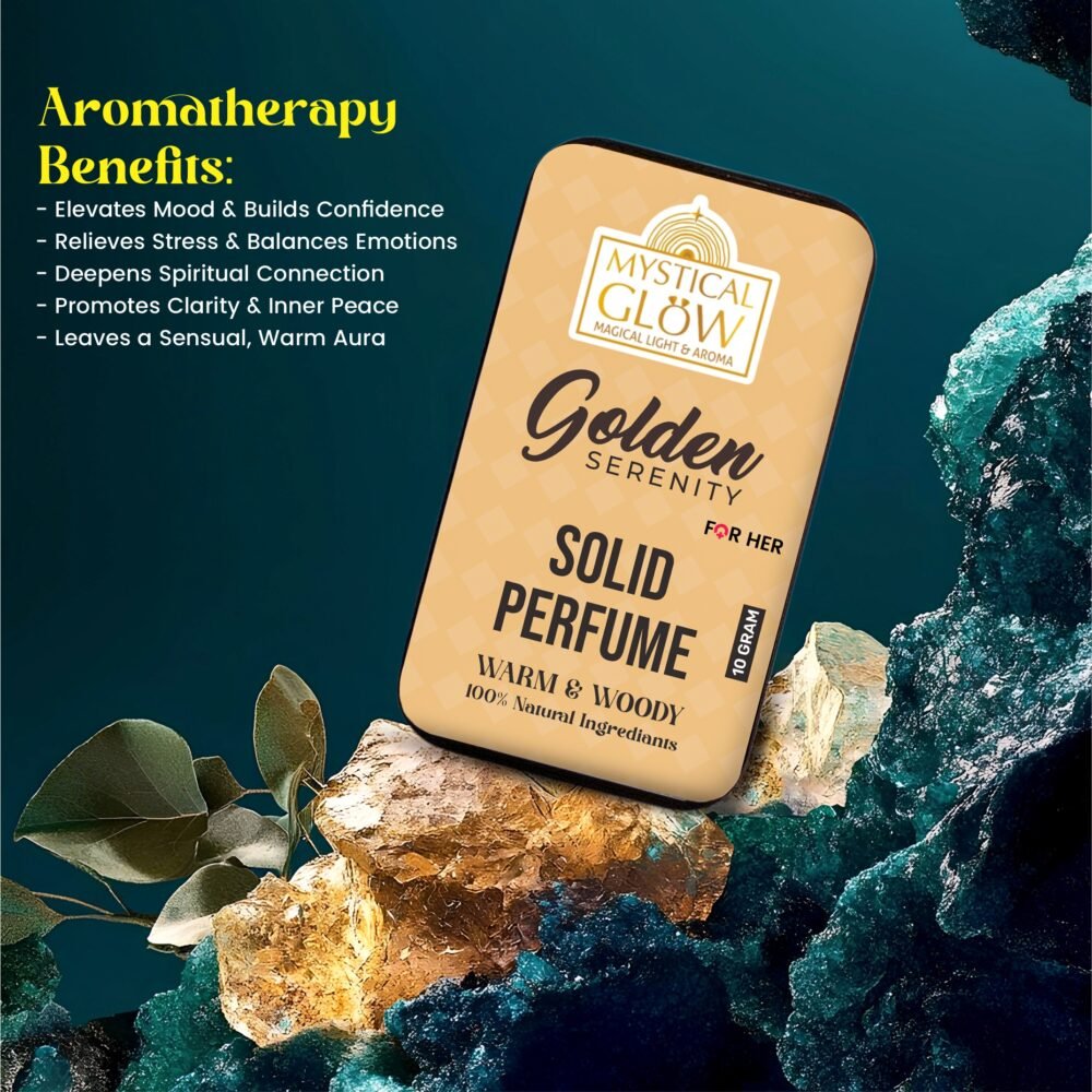 Golden Serenity aromatherapy benefits – boosts feminine energy, reduces anxiety, and promotes calm using amber and vanilla.