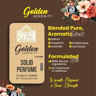 golden-serenity-ingredients.jpg Golden Serenity solid perfume fragrance pyramid – Top: Vanilla, Middle: Saffron, Base: Amber & Sandalwood.