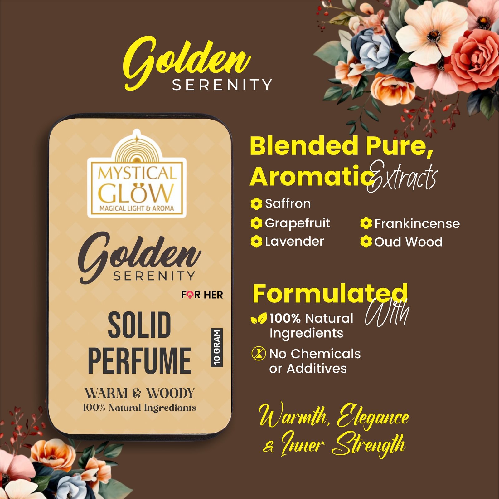 Golden Serenity solid perfume fragrance pyramid – Top: Vanilla, Middle: Saffron, Base: Amber & Sandalwood.