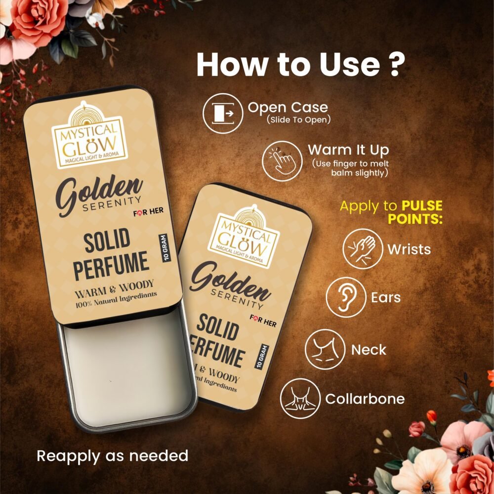 Golden Serenity solid perfume lifestyle shot – woman in calm evening light, radiating serene confidence.