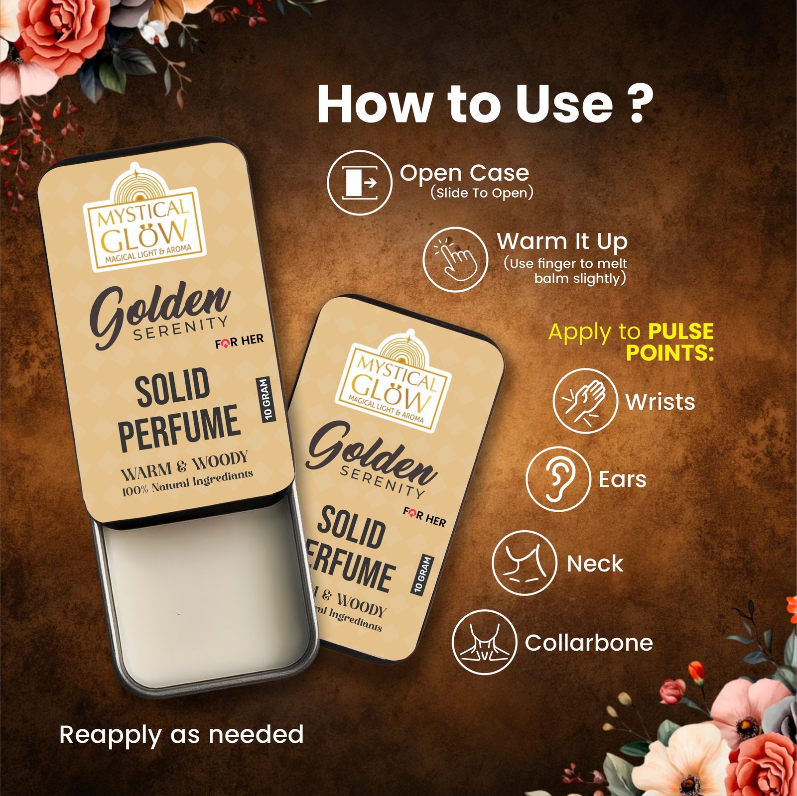 Golden Serenity solid perfume lifestyle shot – woman in calm evening light, radiating serene confidence.