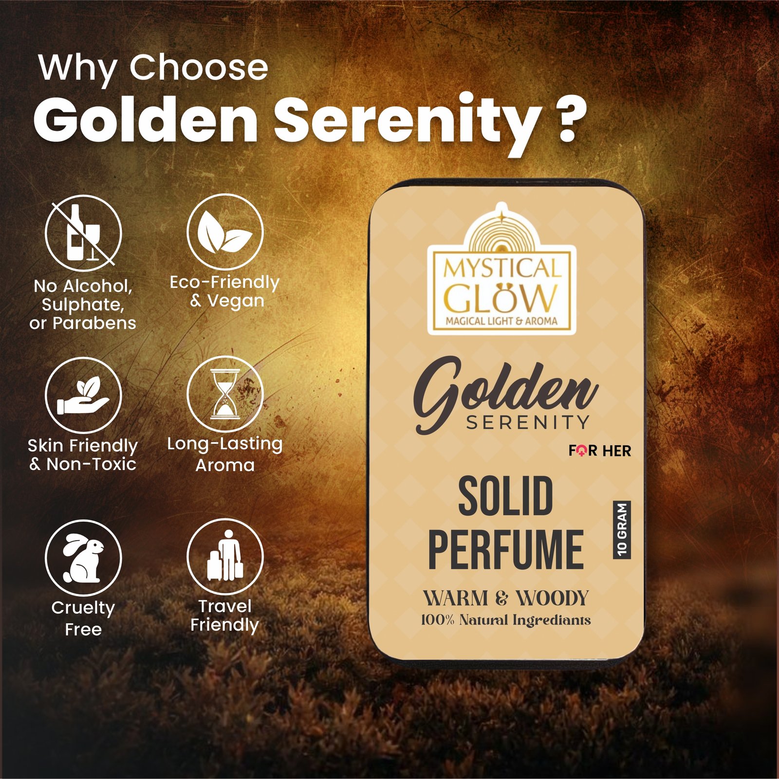 Golden Serenity solid perfume features alcohol-free, skin-safe, long-lasting formula displayed in elegant text with minimal floral graphics.