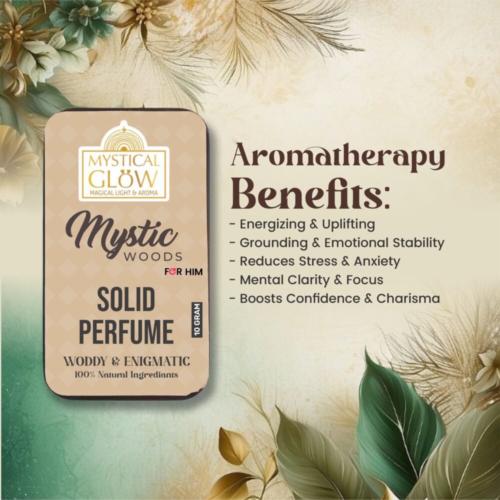 Mystic Wood solid perfume surrounded by visuals of grounding cedarwood, calming sandalwood, and stress-relieving vetiver highlighting aromatherapy benefits.