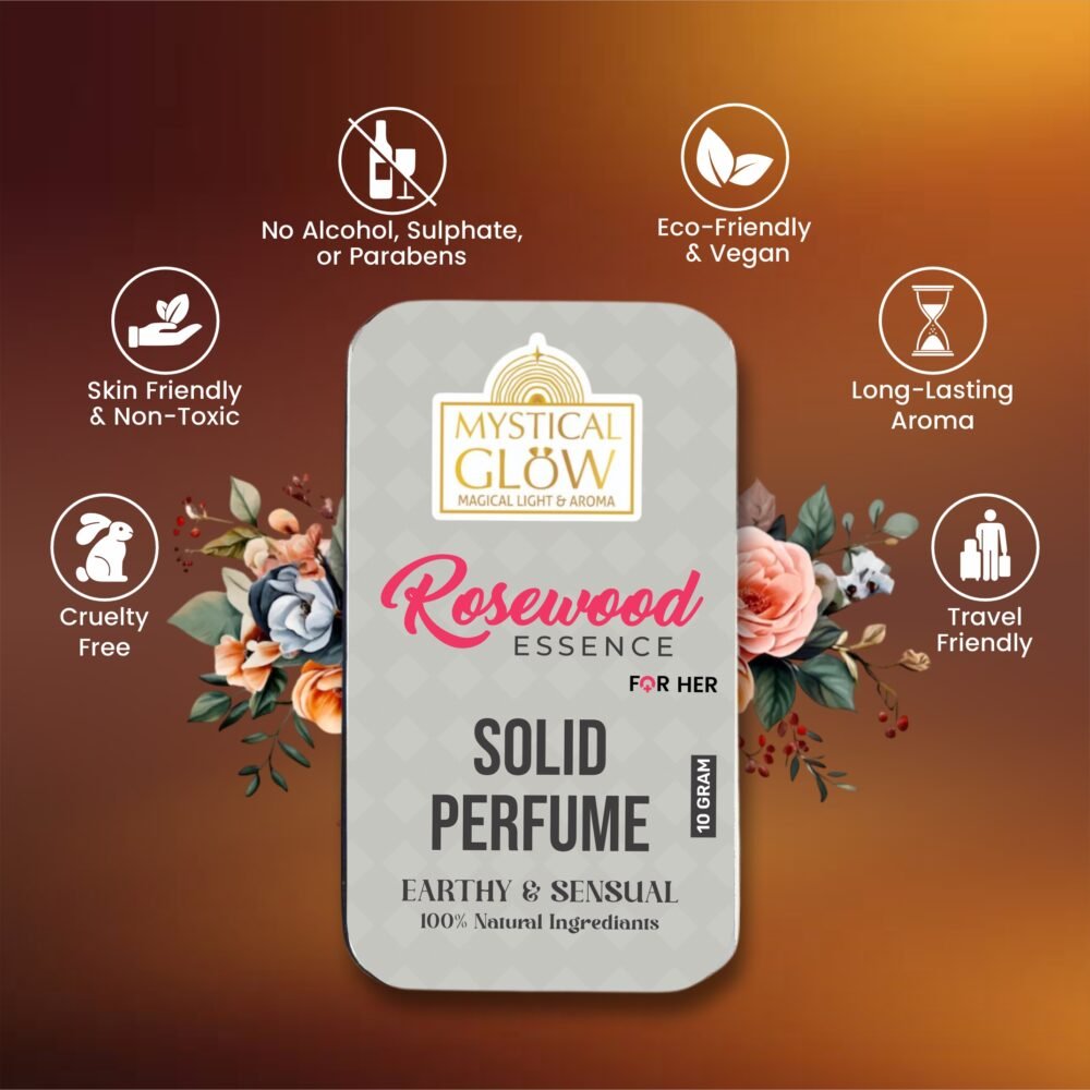Rosewood Essence perfume features displayed: alcohol free, no spill, long lasting, safe on skin.