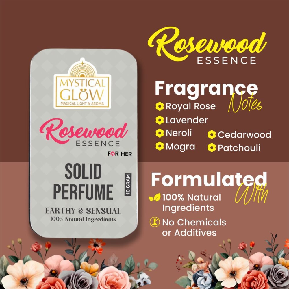 Styled with rose petals, rosewood bark, and crystals representing calmness and romance benefits of Rosewood Essence.