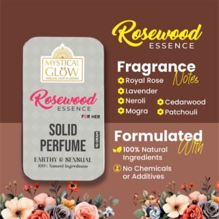 Handcrafted with Royal Rose, Lavender, Mogra, Neroli, Patchouli & Cedarwood Styled with rose petals, rosewood bark, and crystals representing calmness and romance benefits of Rosewood Essence.