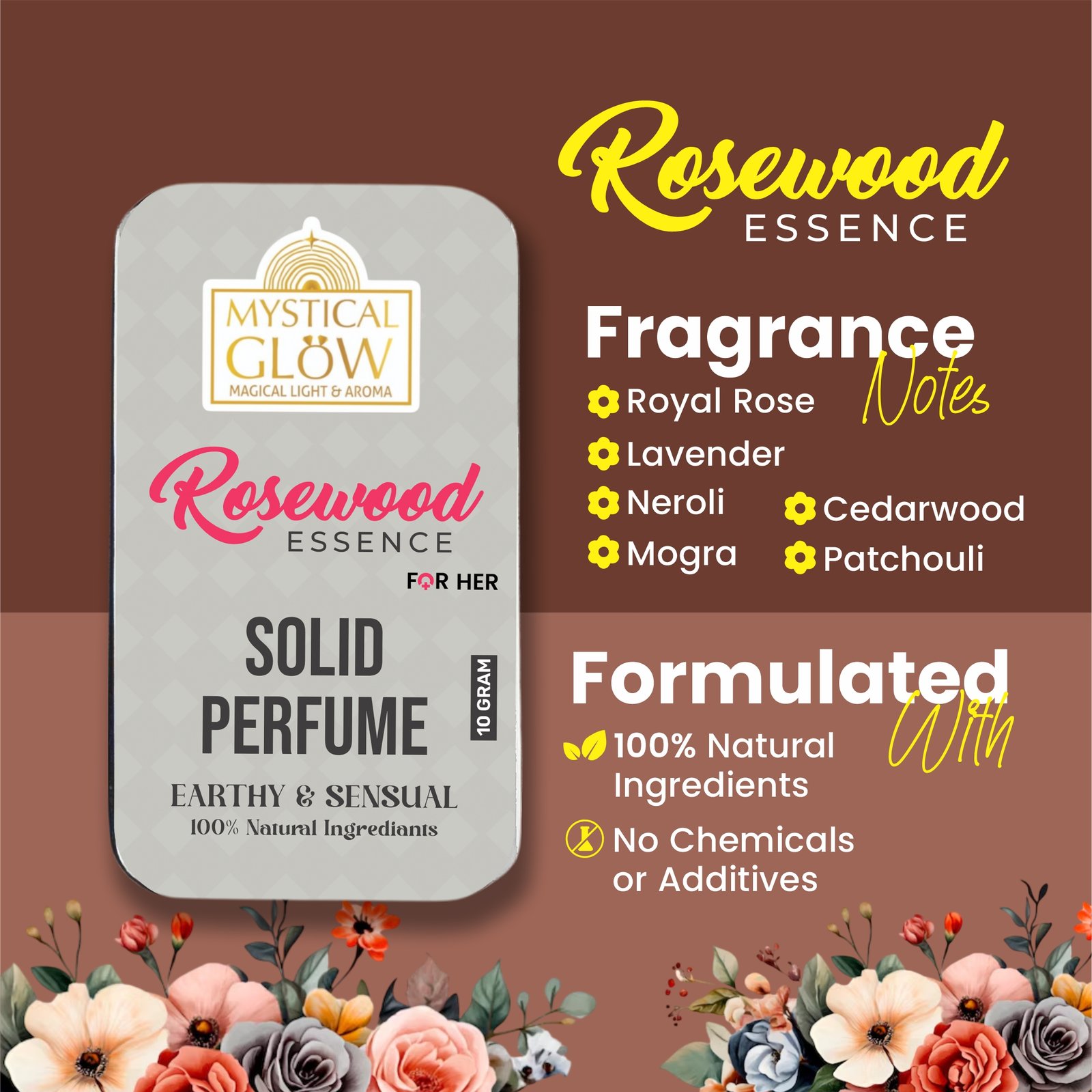 Handcrafted with Royal Rose, Lavender, Mogra, Neroli, Patchouli & Cedarwood Styled with rose petals, rosewood bark, and crystals representing calmness and romance benefits of Rosewood Essence.