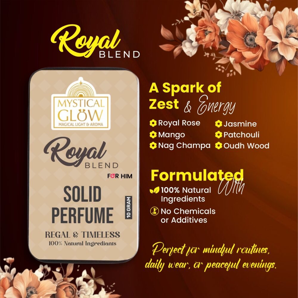 Note breakdown of Royal Blend showing bergamot, black pepper top notes; saffron, patchouli heart; oudh and amber base.