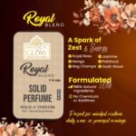 Note breakdown of Royal Blend showing bergamot, black pepper top notes; saffron, patchouli heart; oudh and amber base.