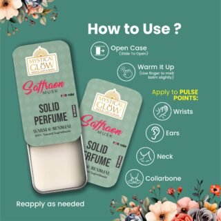 Slide, Dab & Glow – Apply on Wrists, Neck & Collarbone for Lasting Aroma Saffron Musk Solid Perfume tin placed on a round wooden base, surrounded by natural elements like oud chips and saffron strands.