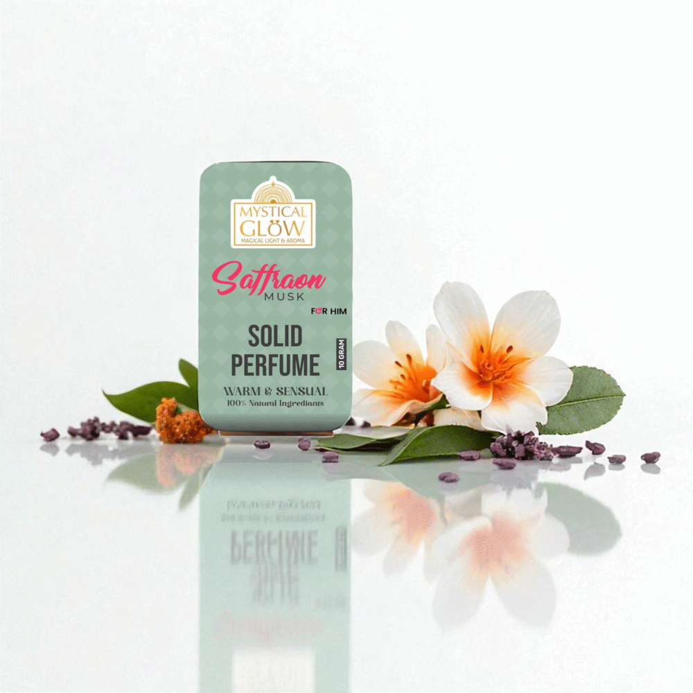 Solid Perfume Balm; Saffron Musk Solid Perfume for Men in premium tin on a white background with real saffron threads, musk resin, and oud wood showcasing natural ingredients.