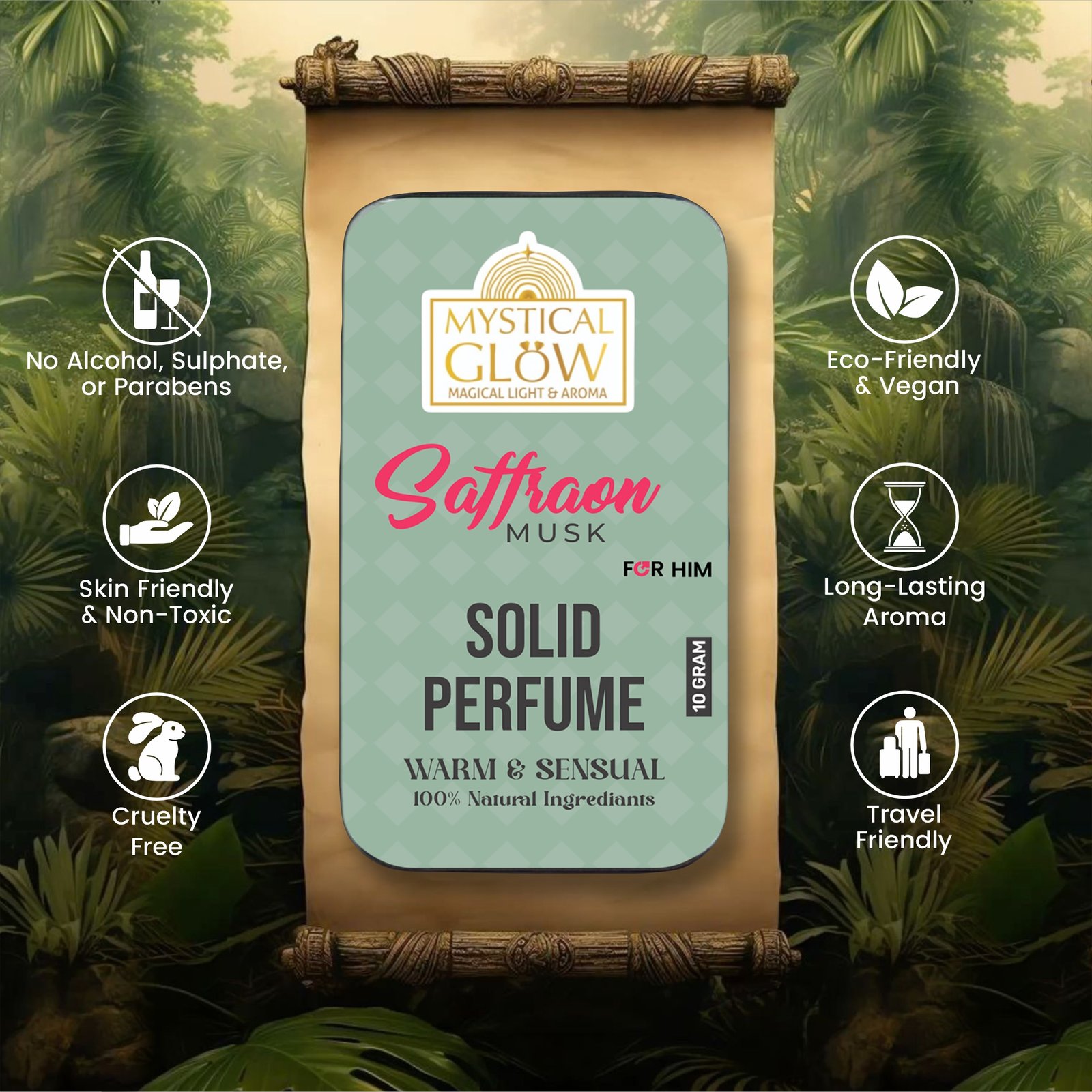 Graphic image of Saffron Musk Solid Perfume highlighting features: Alcohol-Free, Long-Lasting, Skin-Safe, and Pocket-Friendly.