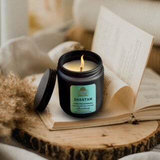 Shantam Sleep Candle – Bedside Relaxation & Better Sleep Aid Candle Eco-friendly soy candles in India burning on wooden table showcasing clean burn
