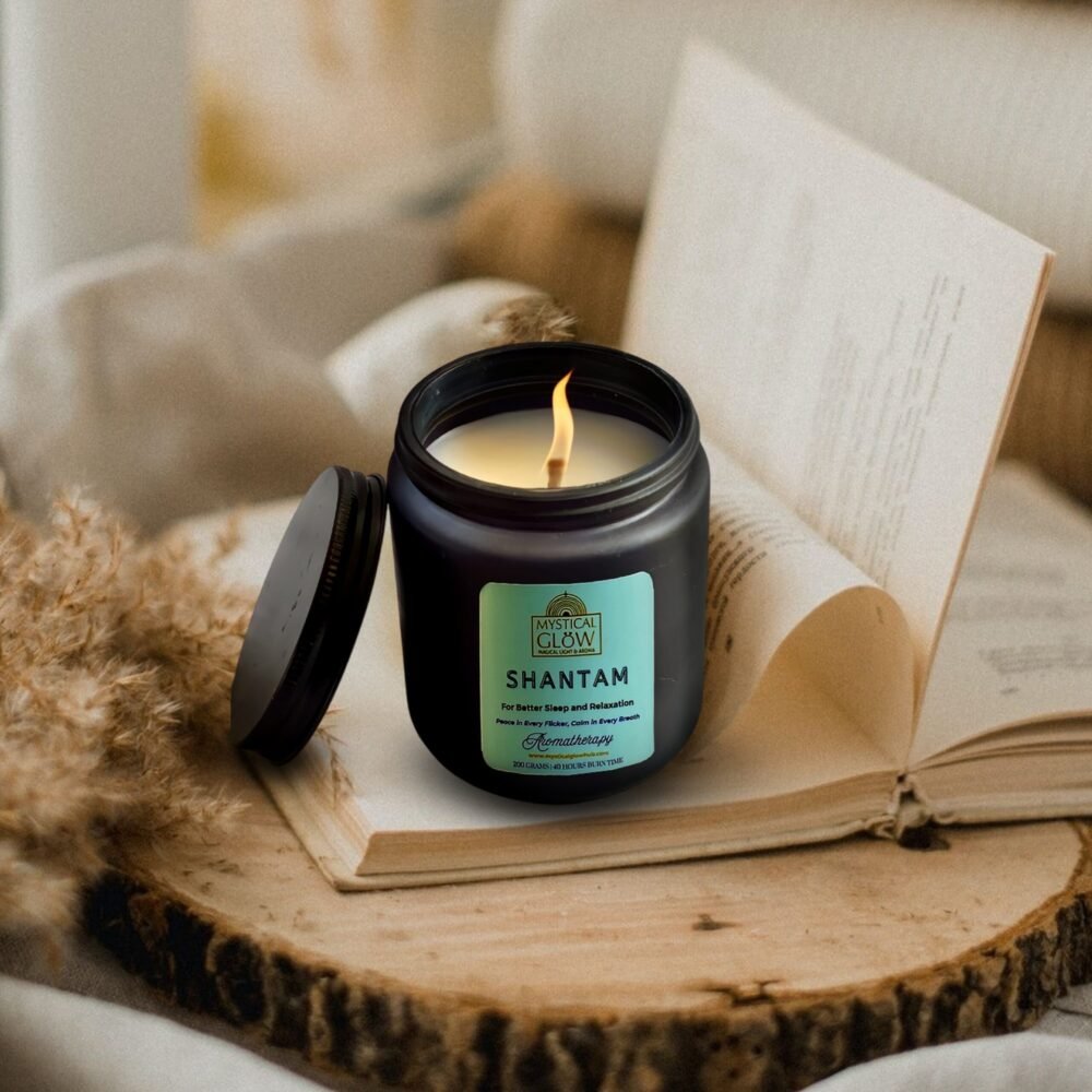 Eco-friendly soy candles in India burning on wooden table showcasing clean burn