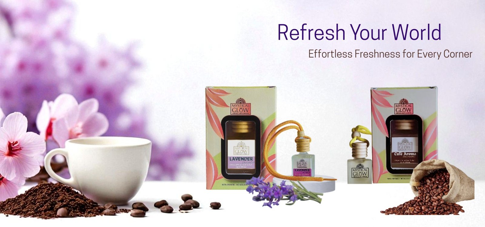 Modern air freshener hanging pods in a fresh and clean white and lavender ambiance for effortless fragrance.