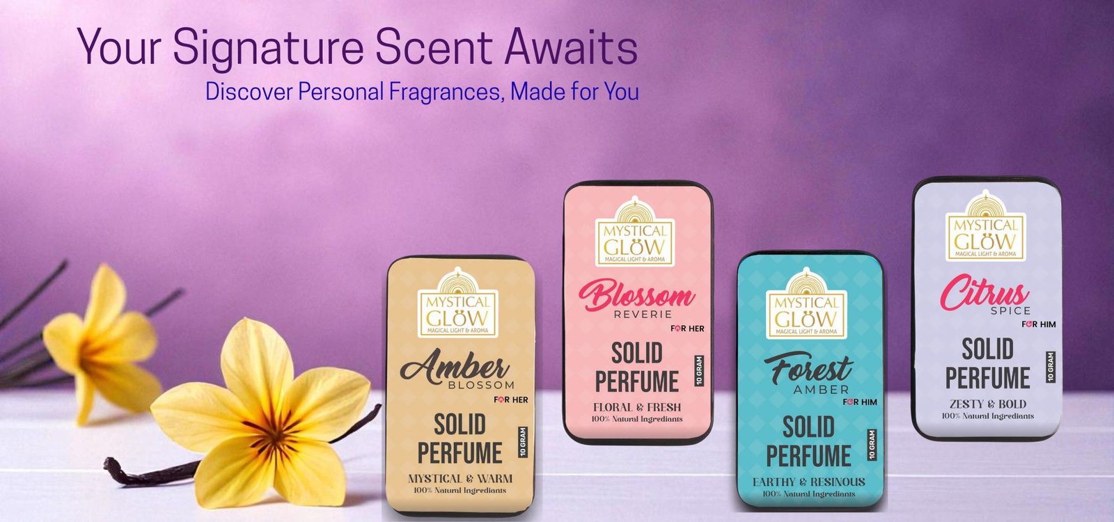 Elegant solid perfume in an intimate purple and white setting, emphasizing personal signature scents.