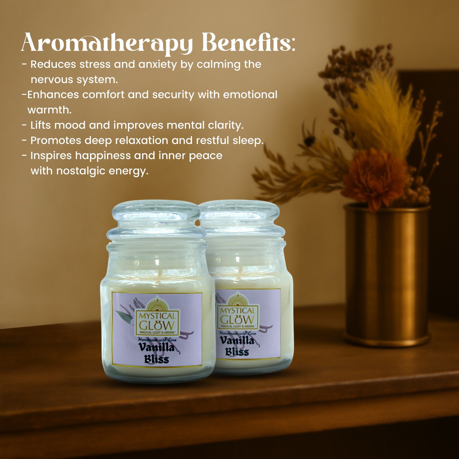 Vanilla candle benefits infographic 72 hour burn time natural soy wax India aromatherapy